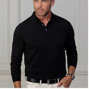 NEW Collars & Co Black Bellagio Three Button Long Sleeve Merino Polo Medium